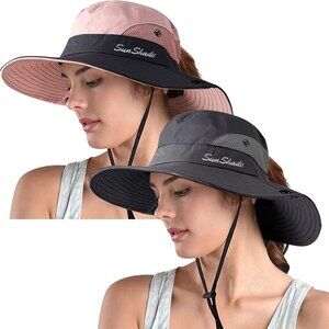 Women's Black & Pink Pack Of 2 Wide Brim Mesh With Chin Strap Classic Cowboy Hat